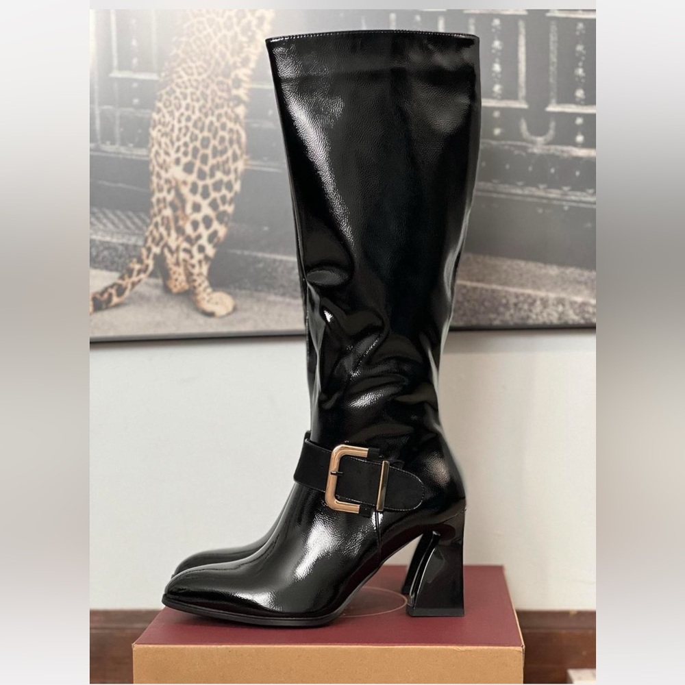 Black Heeled Boots with Gold Buckle
